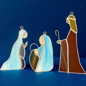 Nativity Set of 3 Handmade Leaded Stained Glass Ornament Suncatcher 1982 Vintage
